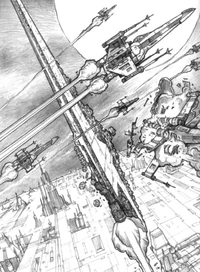 El Lusankya se alza sobre Coruscant.