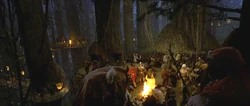 Ewoks y Rebeldes celebran su victoria sobre el Imperio.