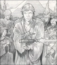 Luke Skywalker y sus seguidores en el Praxeum Jedi en Yavin 4.