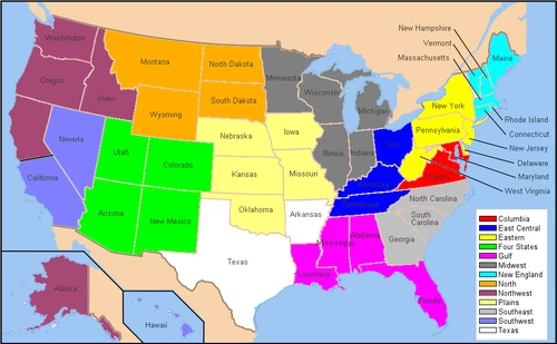 Southwest - green, Midwest - grey and yellow, Texas - white