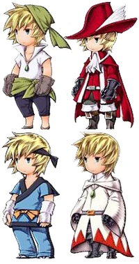 An element common to most Job System games is the ability for a character to switch between different jobs. Displayed is Ingus from the Nintendo DS remake of Final Fantasy III as the Thief, Red Mage, Monk and White Mage jobs.