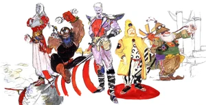 The Cid characters from (left to right) Final Fantasy III, Final Fantasy II, Final Fantasy IV, Final Fantasy V and Final Fantasy VI.