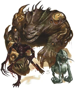 A hezrou towering over a baban and a dretch