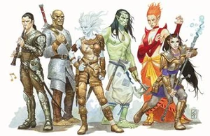 Various planetouched individuals.  From left to right: Aasimar, Earth Genasi, Air Genasi, Water Genasi, Fire Genasi, and Tiefling.