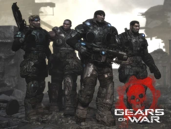 Delta Team as it stands at the end of the game; in order from left to right: Damon Baird, Augustus Cole, Marcus Fenix, commanding officer, and Dominic Santiago. Cole and Marcus are holding the trademark assault rifle, while Baird holds a Gnasher Shotgun and Dom wields the Snub Pistol.
