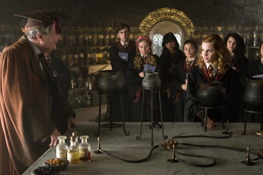 Hermione in Potions class in her sixth year, with an impressed Professor Slughorn.