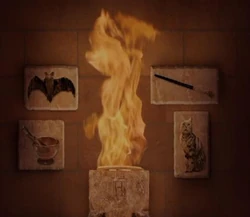 Some of the subjects learned in Hogwarts; the Bat represents Defence Against the Dark Arts, the Wand represents Charms, the mortar and pestle represents Potions and the cat represents Transfiguration.