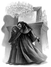 Bellatrix threatening an unconscious Hermione.