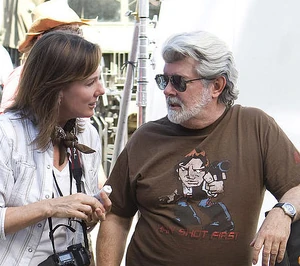 Lucas (right) and Kathleen Kennedy on the set of Indiana Jones and the Kingdom of the Crystal Skull.