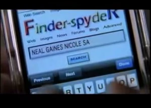 Screenshot from Episode 101, "A Love for a Lifetime", showing the Finder-Spyder search engine on the Apple iPhone Dan uses to look up people he's following in the past.