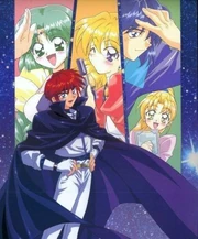 The main characters of Lost Universe, with Kane Blueriver in the foreground.