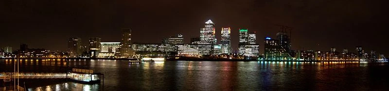 A panoramic view of Canary Wharf, seen late evening from the London Docklands Hilton.