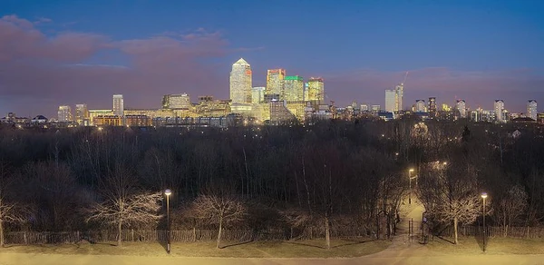 A panoramic view of Canary Wharf from Stave Hill.