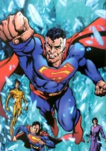 Superman of Earth-Two breaking out of the "paradise dimension" with his wife Lois-Kent, Superboy-Prime and Alexander Luthor, Jr. of Earth-Three