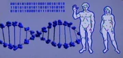 SETI greeting featuring two Humans, a strand of DNA and binary language