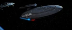 The USS Farragut leads an unnamed Oberth-class starship and the USS Saratoga from Veridian III