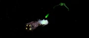 Under Kruge's command, a Klingon Bird-of-Prey destroys the Merchantman
