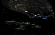 Een D5 wordt vastgehouden door de Enterprise.