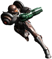 Samus aiming at an enemy in her Dark Suit.