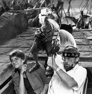 Prell and Dave Goelz perform Sir Didymus on the set of Labyrinth.