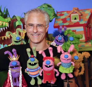 David Rudman with the puppet cast of his non-Henson television show Bunnytown.