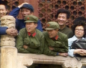 Happy Red Army members, gazing joyously at the Yankee Imperialist bird
