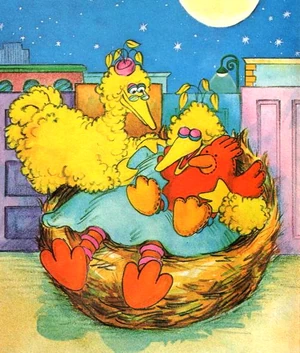 Granny Bird tucks in Big Bird and his new Teddy Bird in What Did You Bring?, 1980