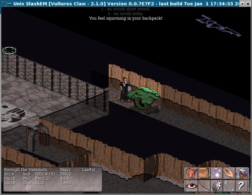 This screenshot, of the Vulture's interface to SLASH'EM, shows a green mold of ridiculous size, emerging from the inventory of a Samurai. I guess that green molds can grow on acid blob corpses. Somehow, the green mold is much larger than the adventurer who carried the acid blob corpse. The original acid blob also did not appear this large.