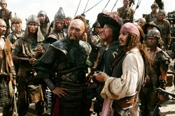 Sao Feng with Jack and Barbossa aboard the Pearl.
