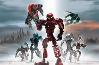 Toa Metru - od lewej: Toa Whenua,Toa Nokama, Toa Vakama, Toa Nuju i Toa Onewa. Nad nimi Toa Matau.