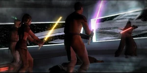 Bastila Shan e outros Jedi confrontam Darth Revan pouco antes de sua aparente morte.