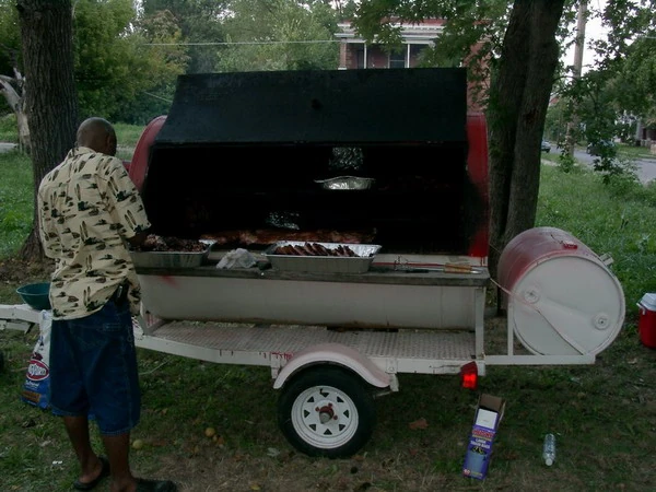 A barbecue on a trailer at a block party in Kansas City