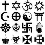Various Religious symbols, including (first row) Christian, Jewish, Hindu, Baha'i, (second row) Islam, tribal, Taoist, Shinto (third row) Buddhism, Sikh, Hindu, Jain (fourth row) Ayyavazhi, Diane de Poitiers, Maltese cross
