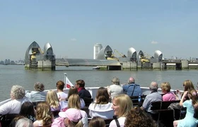 The Thames Barrier seen from the seaward end, with a barrier raised for maintenance. Photo credit: Adrian Pingstone