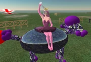 stillpink rides a poodle and waves as she passes.