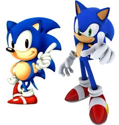 At left is official Sonic artwork from the original design of Sonic the Hedgehog game (artwork by Akira Watanabe) and at right is an artwork in the style of the upcoming new generation Sonic games.