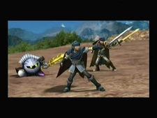 Meta Knight, Marth, and Ike about to fight Galleom.