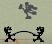 The two firefighters help Mr. Game & Watch jump higher.