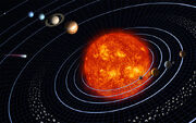 Major features of the Solar System (not to scale; from left to right): Pluto, Neptune, Uranus, Saturn, Jupiter, the asteroid belt, the Sun, Mercury, Venus, Earth and its Moon, and Mars. A comet is also seen on the left.