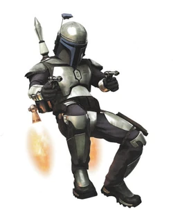 Jango Fett tähtää käyttäen rakettireppuaan.