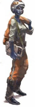 A Chiss pilot in Galactic Alliance-style flight gear; this image may depict one of the officers of the Chiss squadron after its amalgamation with the X-wing unit Twin Suns Squadron in the last days of the Yuuzhan Vong Invasion.