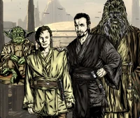 Tyvokka with fellow Jedi Master Yoda, Dooku, and Dooku's Padawan Qui-Gon Jinn.