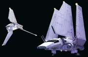Lambda-class shuttle with wings in flight and landing configuration.