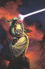 Sharad Hett, as a Tusken warlord, wielding his lightsaber.