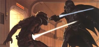 Deak Starkiller duels Darth Vader