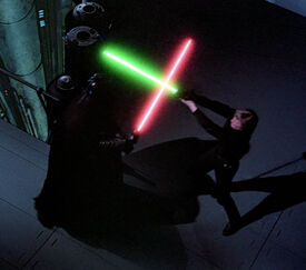 Vader dueling Luke Skywalker on the second Death Star.