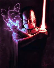 Malak wields a lightsaber and Force lightning.