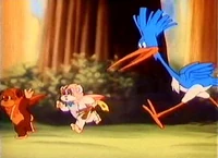 Kneesaa and Wicket escaping from a bobber bird's attack.