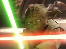 Yoda battles his former student, Count Dooku, on Geonosis.