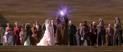 Nass and Queen Amidala formally announce the beginning of the era of peace between their two societies.